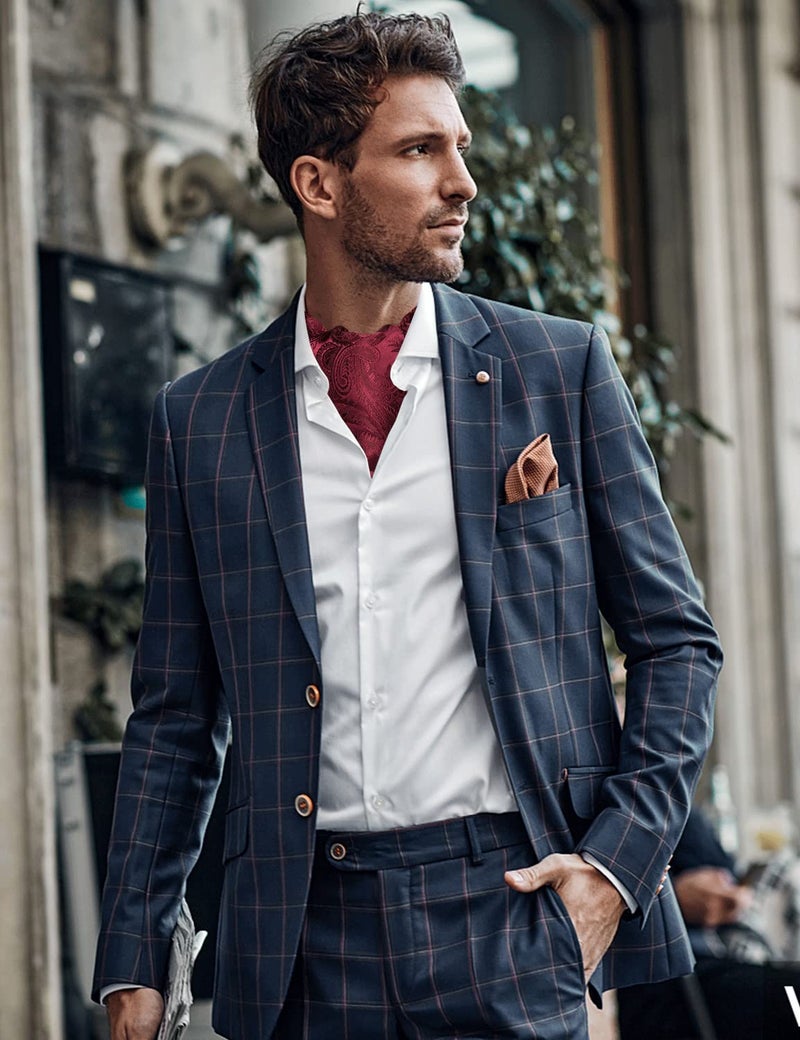 DiBanGu Burgundy Ascot Ties for Men Cravat Tie and Pocket Square Set Jacquard Silk Ascot Paisley Cravat for Men - Image 3